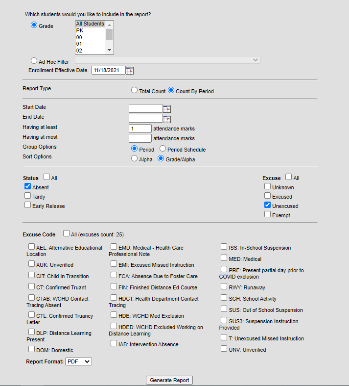 Sample of period count report in Infinite Campus